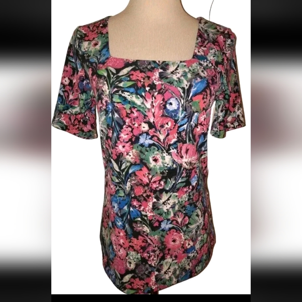 T Tahari Womens  Square Neck Floral Short Sleeve Top XS
